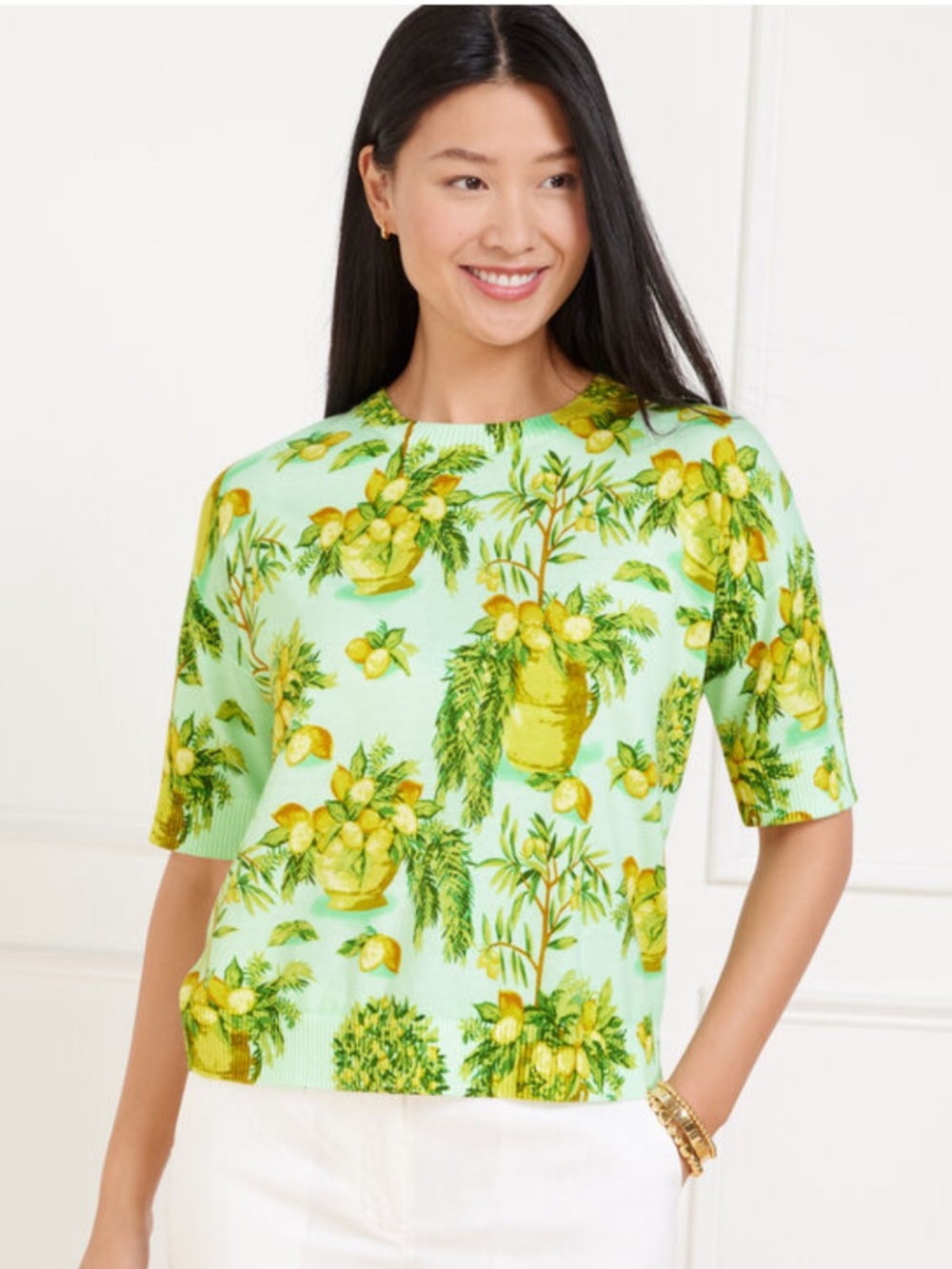 Talbots ELBOW SLEEVE PULLOVER - LEMON TREES Women’s SZ 3X Blue Green Yellow